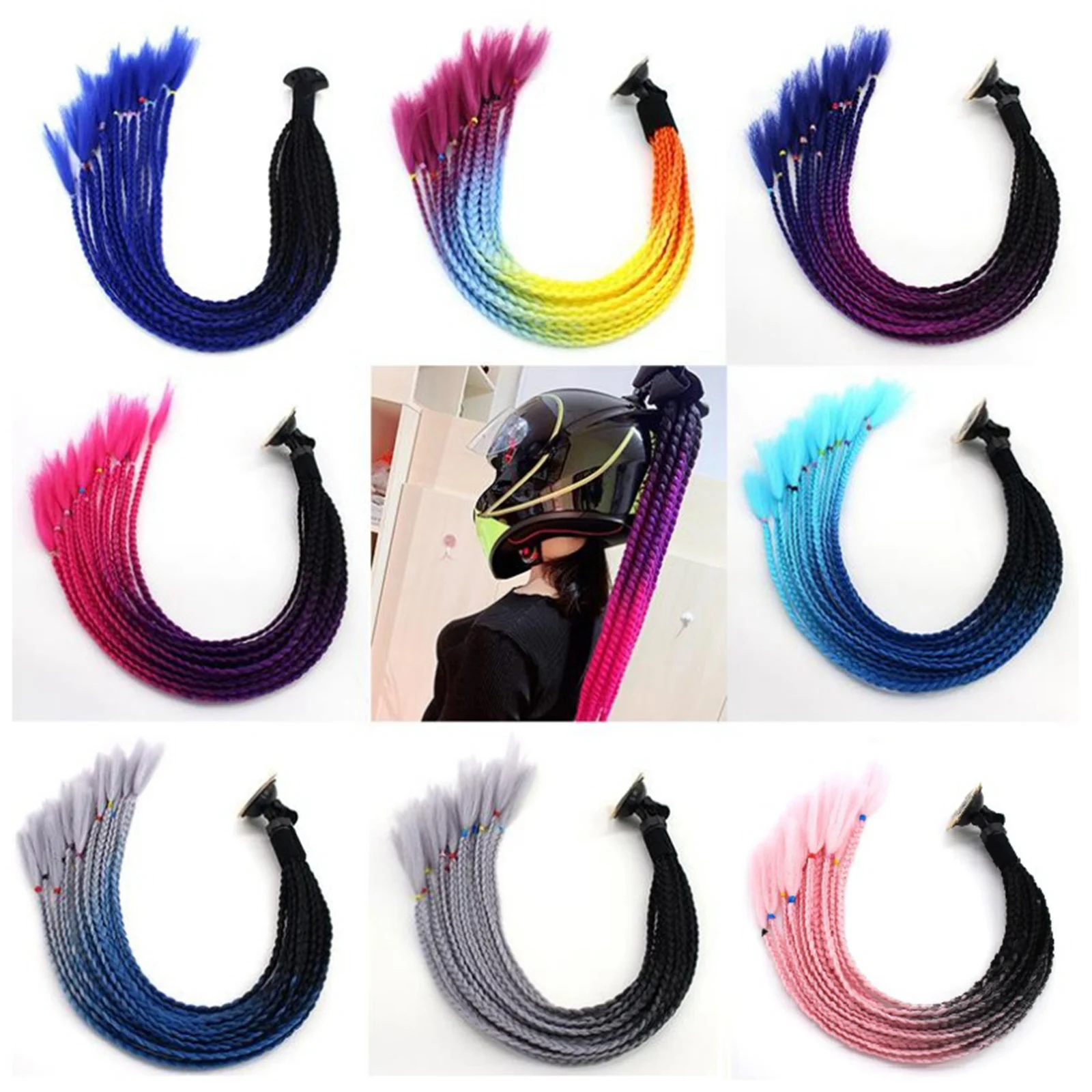 

Womens Mens Helmet Twist Braids Motorcycle Ponytail Dirty Gradient Ramp Hair Punk Biker Helmet Decoration 55cm