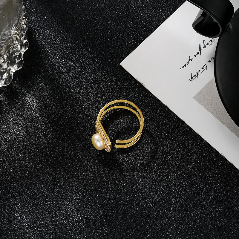 

Japanese Style Adjustable Zirconia Ring Golden Women Jewelry Simulated Pearl Open Finger Rings Luxury Gift Bague Bijoux