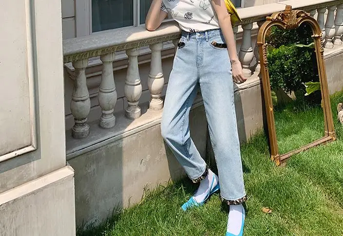 WHITNEY WANG 2020 модные уличные атласные гофрированные лоскутные джинсы женские