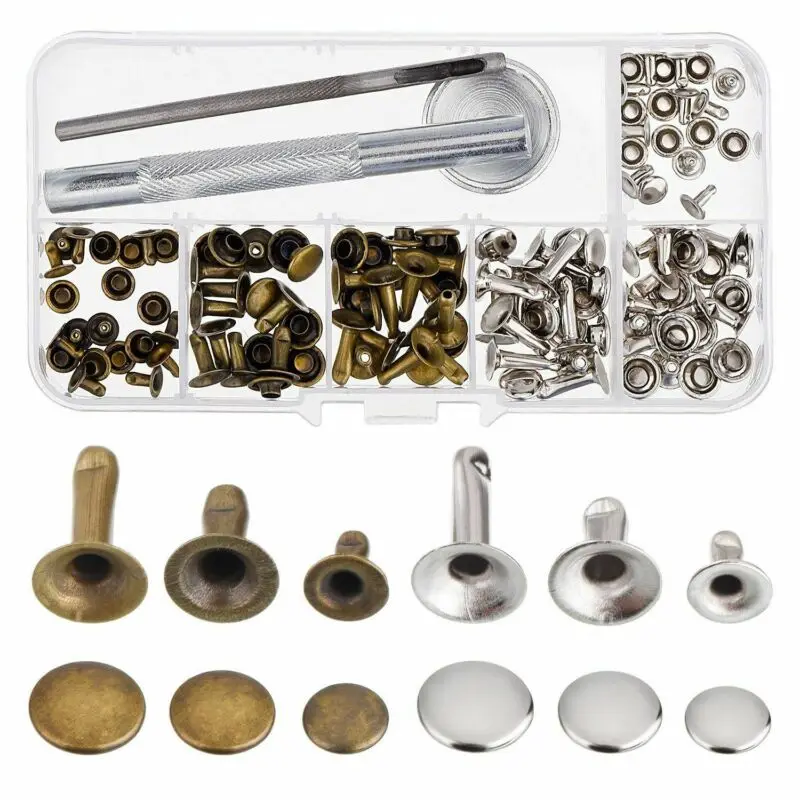 

New Leather Rivets Single Cap Rivets Tubular Metal Studs With Fixing Tool Kit For Leather Craft Repairing