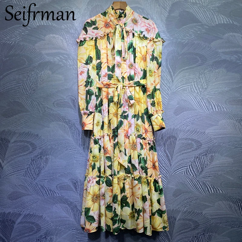 

Женское дизайнерское платье-макси Seifrmann, длинное праздничное платье с рукавами-фонариками, поясом и цветочным принтом, Новинка лета 2021