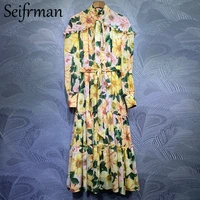 seifrmann new 2021 summer women fashion designer%c2%a0maxi dress lantern sleeve bow sashes floral print ladies holiday long dresses