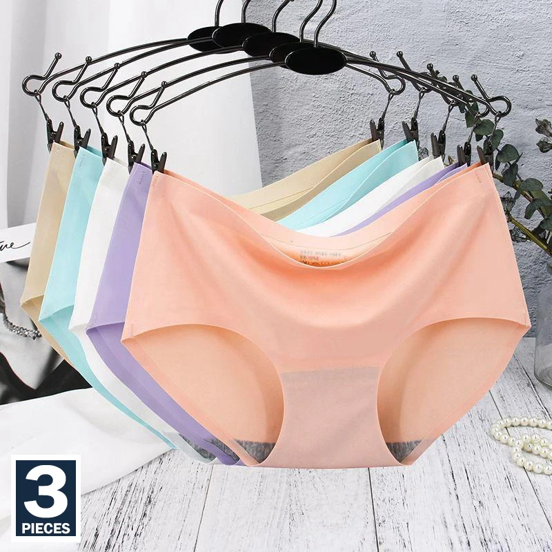 

Big Size Women Seamless Panties Silk Mid Waist Underwear For Female 3Pcs/set Large Size Women's Panties Set Underpant Lingerie