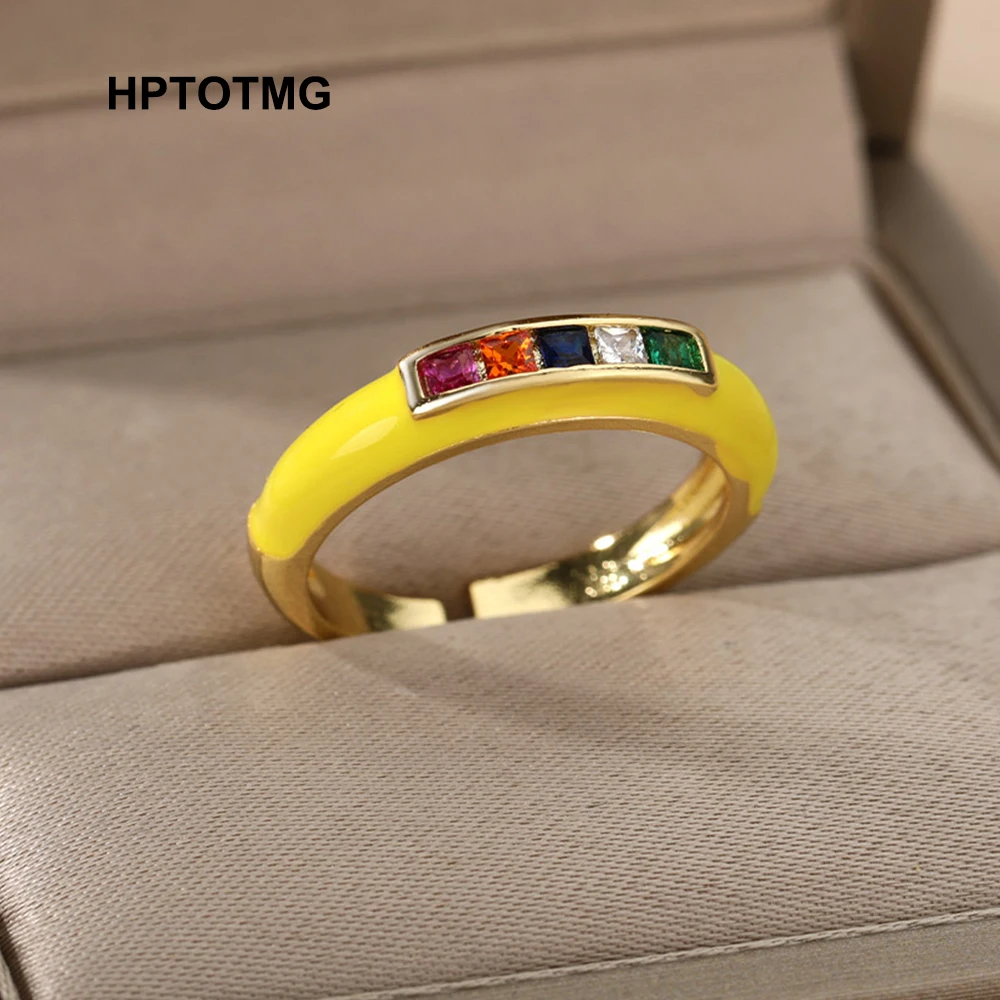 

Yellow Colored Epoxy Enamel Gold Open Rings for Women Men Vintage Punk Zircon Adjustable Wedding Rings 2021 Trend Jewelry Gifts