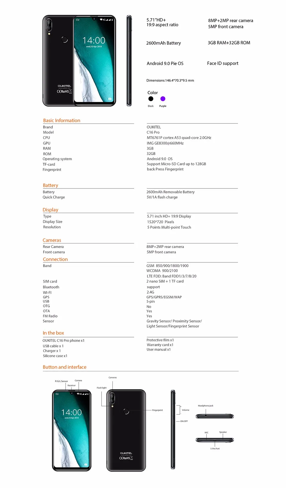 Смартфон OUKITEL C16 Pro, 3 ГБ, 32 ГБ, четырехъядерный процессор MTK6761P, 5,71 дюймов, экран в виде капли воды, 19:9, распознавание лица, отпечаток пальца, LTE, 2600 мАч, мобильный телефон