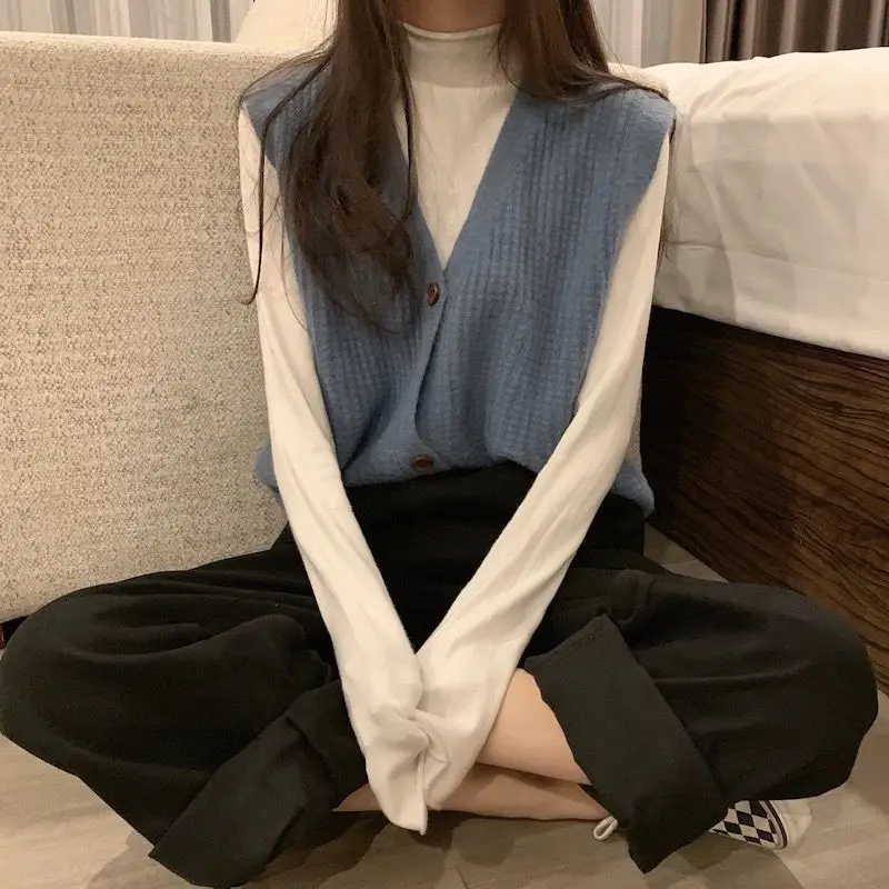 

Sweater Vest Women Single-breasted Casual Jumpers Womens V-neck Korean Style Loose Elegant All-match Fashion Gentle Chic Ins New