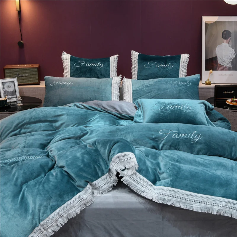 Modern Style Milk Velvet 4pcs Warm Duvet Cover Bed Sheet Pillowcase Winter Soft Lake Blue Purple Grey Green Khaki Queen Red | Дом и сад