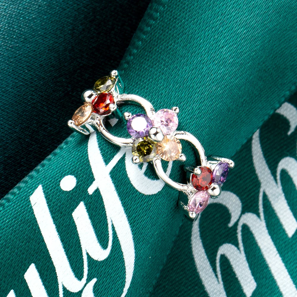 Top Quality Authentic Silver Color Plum Flower Ring Micro Pave Multicolor CZ Women Party Wedding Jewelry Gifts Wholesale | Украшения и