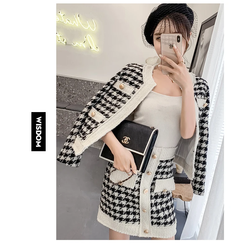 Small fragrance 2 piece set 2019 autumn and winter women's runway tweed wool jacket coat gold button mini pencil skirt suit | Женская