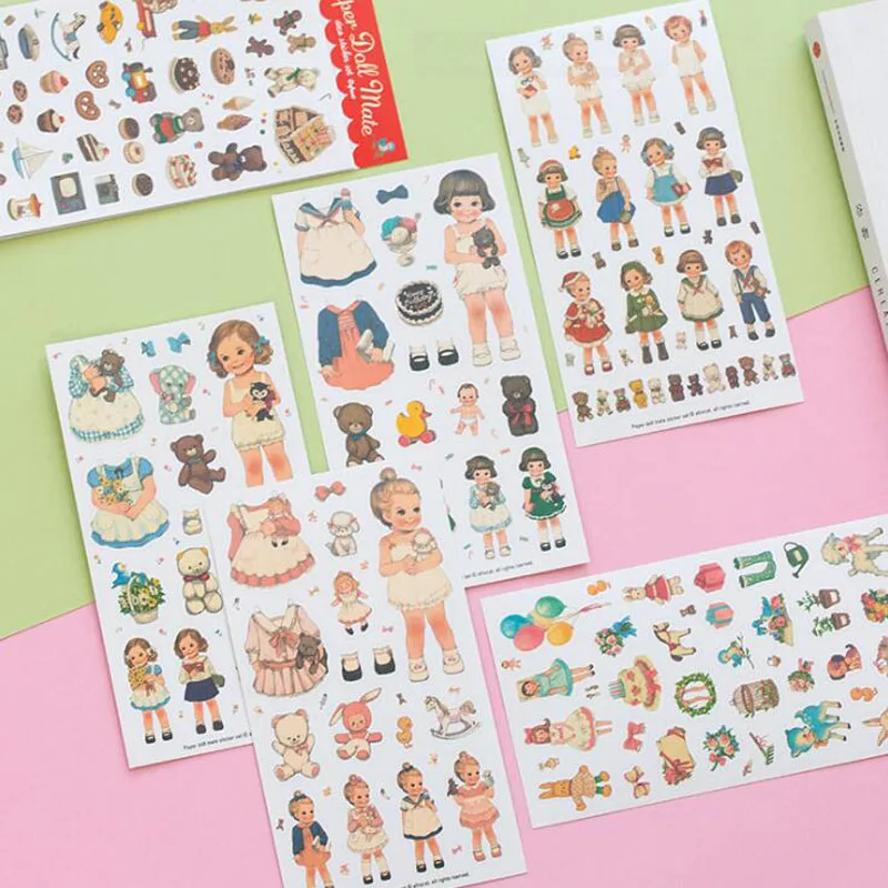 6pcs Kawaii Paper Doll Mate Stickers Decorative DIY Scrapbooking Diary Sticker Stationery Stick Label Office School Supplies