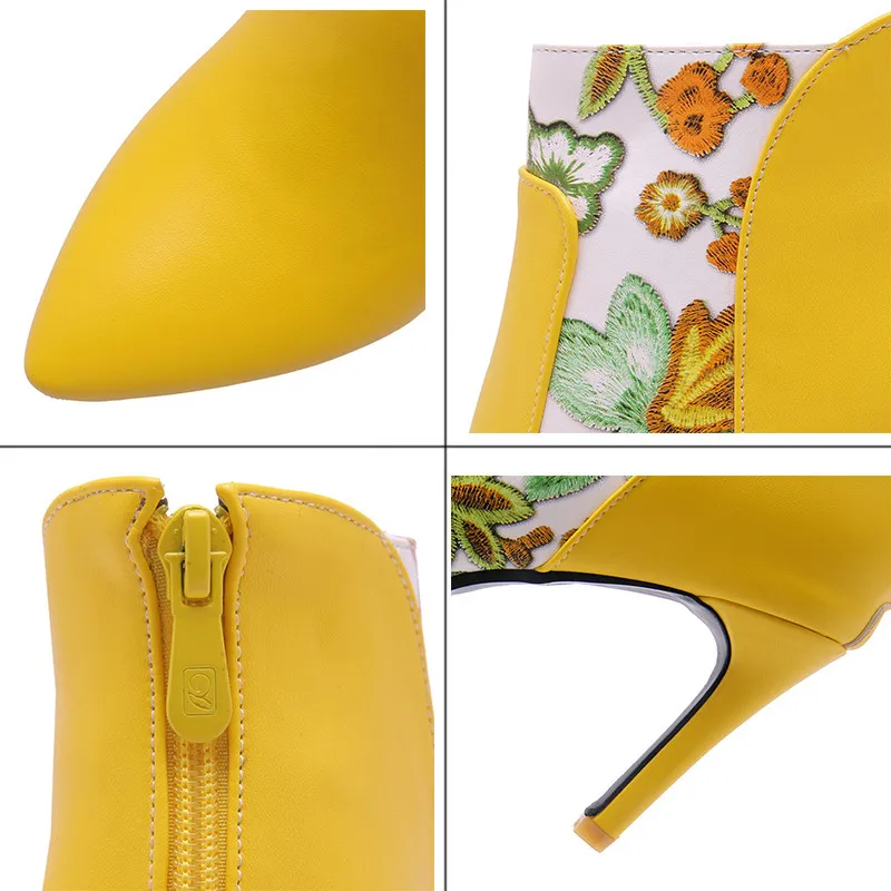 Женские ботильоны на высоком каблуке с вышивкой Качественная обувь из