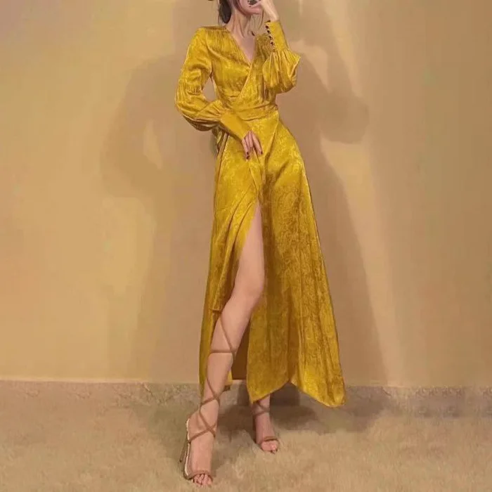 

Fashion Brand High Waist Slit Long Dress 2021 Autumn New V-neck Minimalist Design Solid Color Lace-up Dress Women