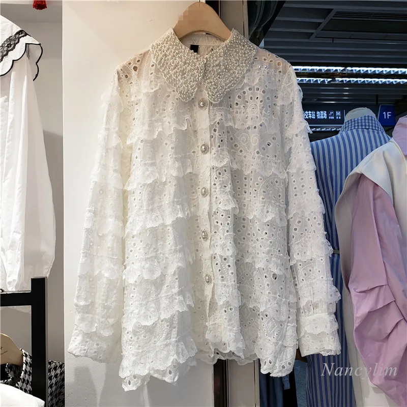 

Heavy Industry Beads Peter Pan Collar Ruffled Stitching Long-Sleeved White Lace Shirt Women Hollow Elegant Lady Loose Blouse Top