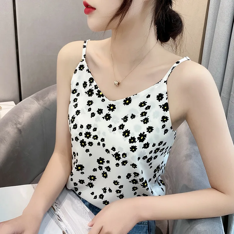 

Summer Korean Fashion Chiffon Women Camis Streetwear Sleeveless Black Female Tank Tops Slim Pink Shirt Spaghetti Strap Tank Top