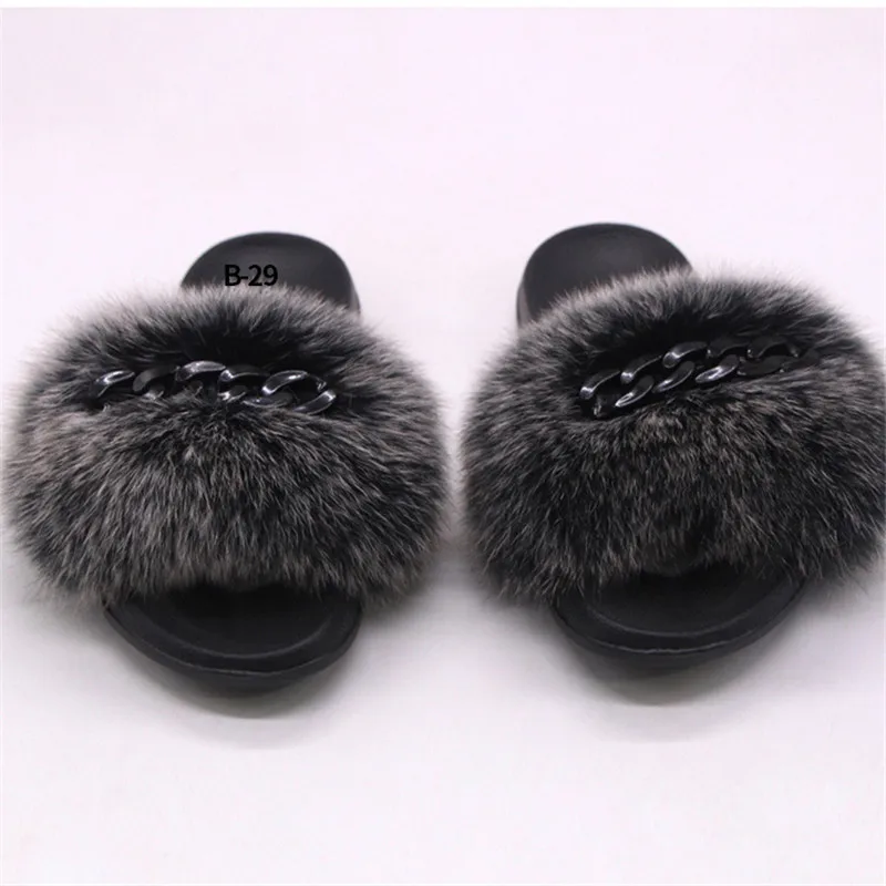 

2021 Fox Sandals Furry Fur Slippers Fluffy Slippers Diamond Chain Real Fur Slippers Women Ladies Loafers Beach Shoes Fur Slides