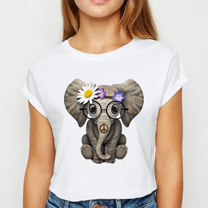 

Elephant Print Tshirt Women Short Sleeve Graphic Tee Female Aesthetic Streetwear Casual Tops Cartoon Shirt Girls Tee Tshirt