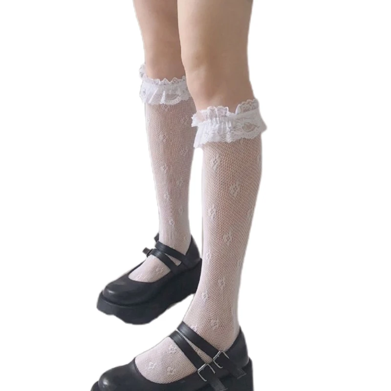 

Q1FA Lolita Hollow Lace Knee High Long Socks Ruffles Trim Floral Fishnet Stockings