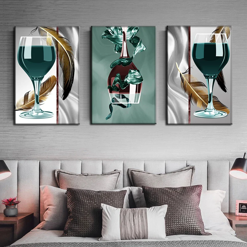 

Wine Glass With Feather Canvas Painting Nordic Abstract Posters and Prints Modern Wall Art Picture for Dining Room Kitchen Decor