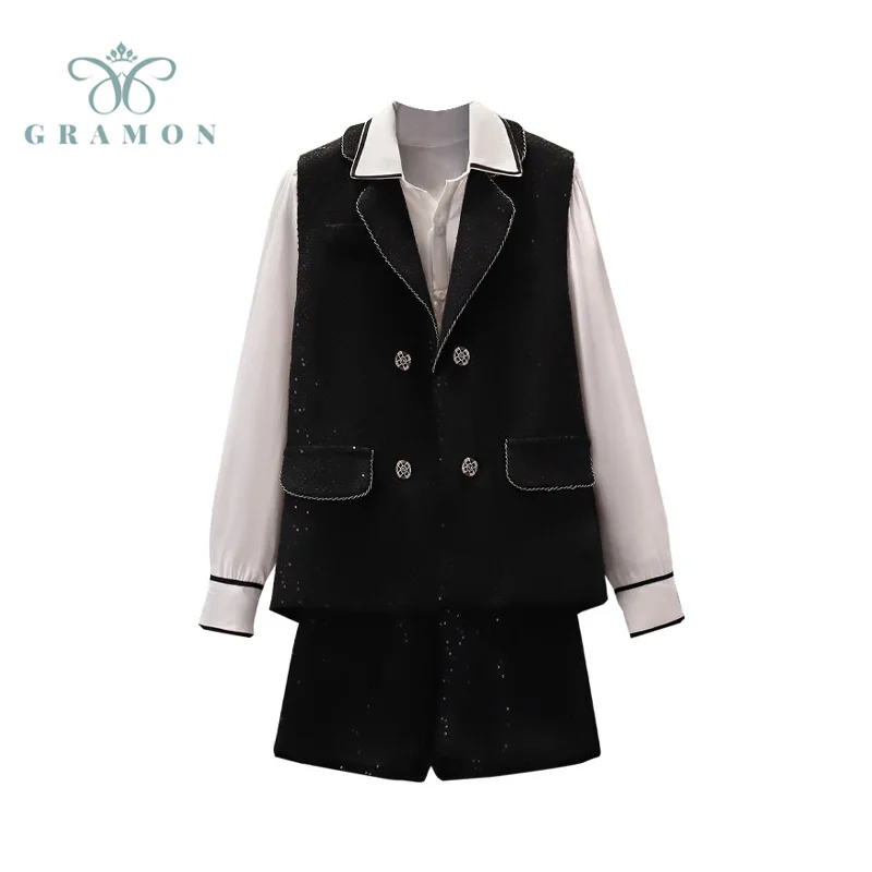 

Женский костюм-тройка, рубашка с длинным рукавом + двубортный жилет + шорты с высокой талией, офисная одежда, осень 2021