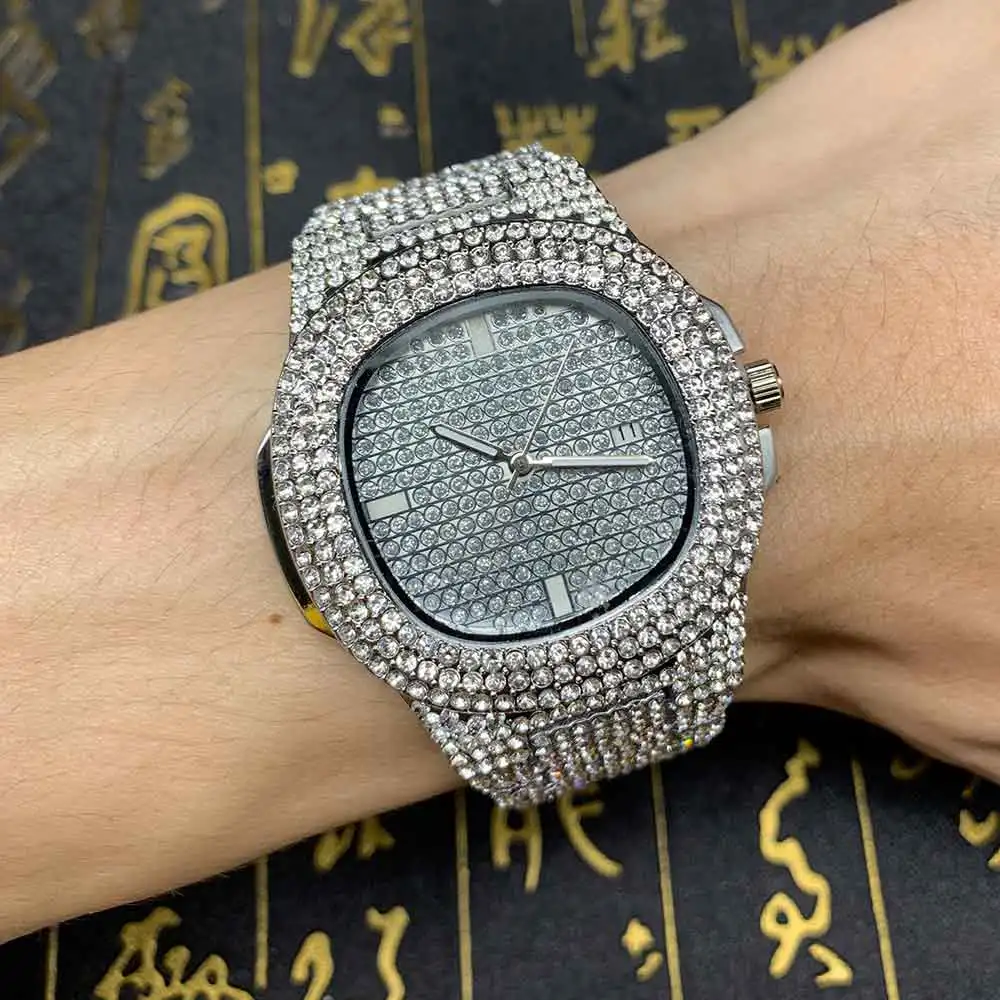 Прямая поставка мужские часы со стразами кварцевые в стиле хип-хоп золотые