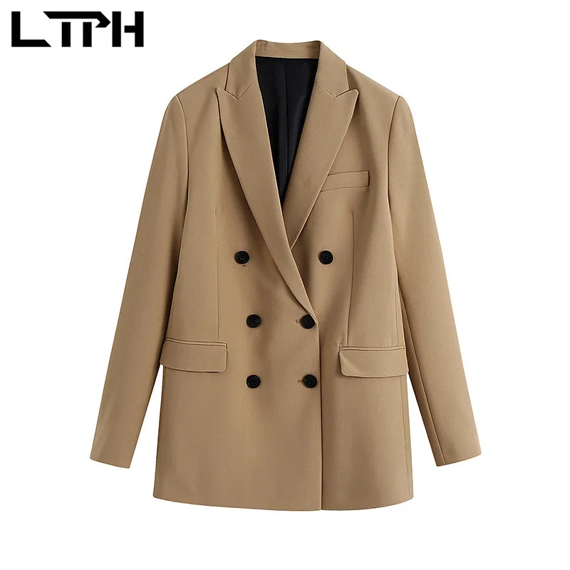 LTPH camel-Chaqueta vintage de doble botonadura para mujer, trajes de negocios informales, conjunto de 2 piezas, conjuntos de pantalones de cintura alta, primavera 2021