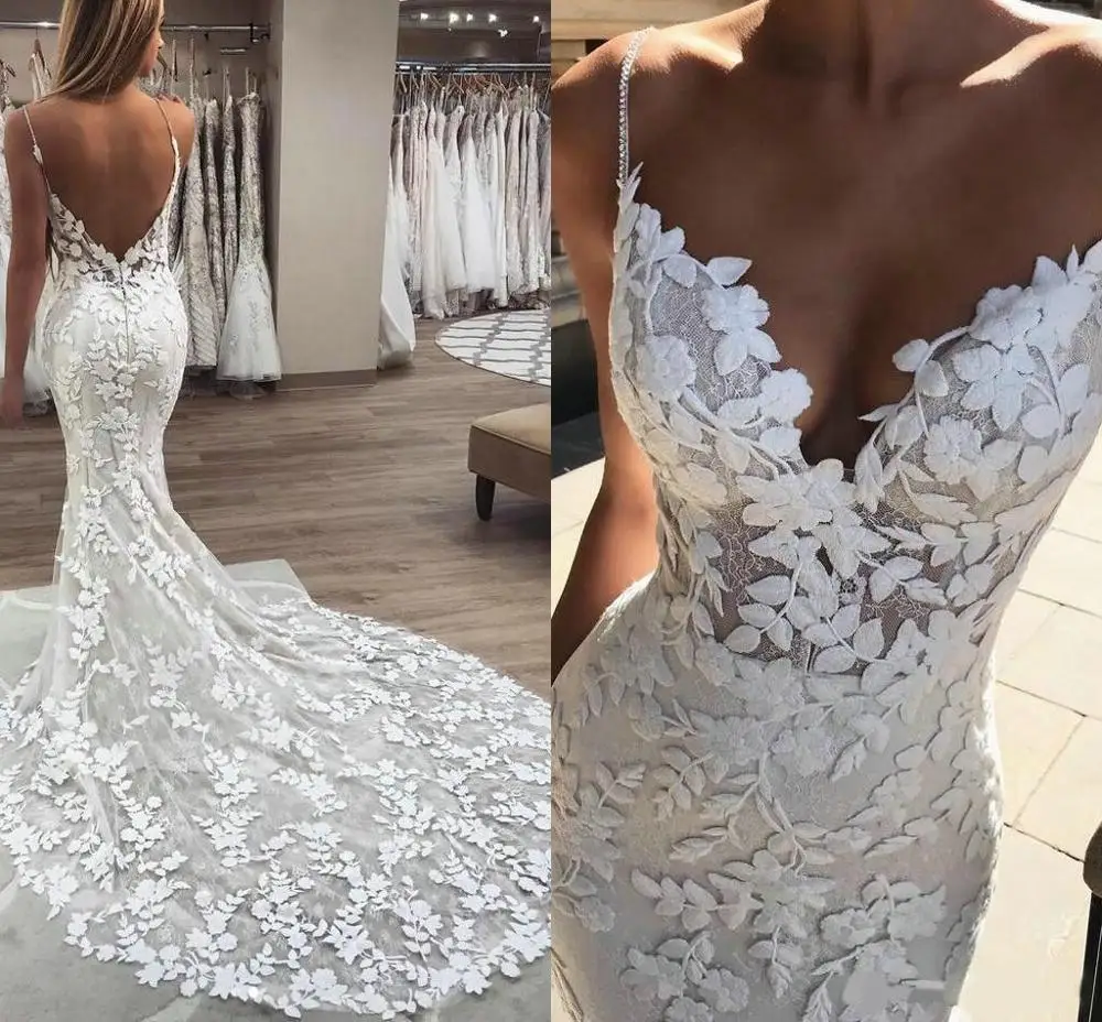 Берта Русалка свадебное платья 3D цветочной аппликацией кружевное платье с