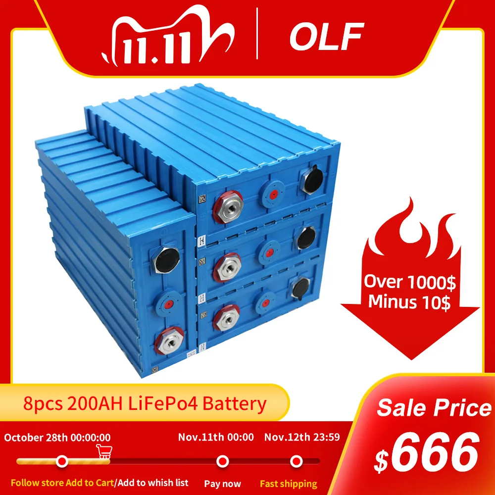 

8PCS 3.2V 200AH Cell Lifepo4 12v Rechargeable Battery Pack High Capacity Deep Cycle Lithium Iron Phosphate EU TAX FREE