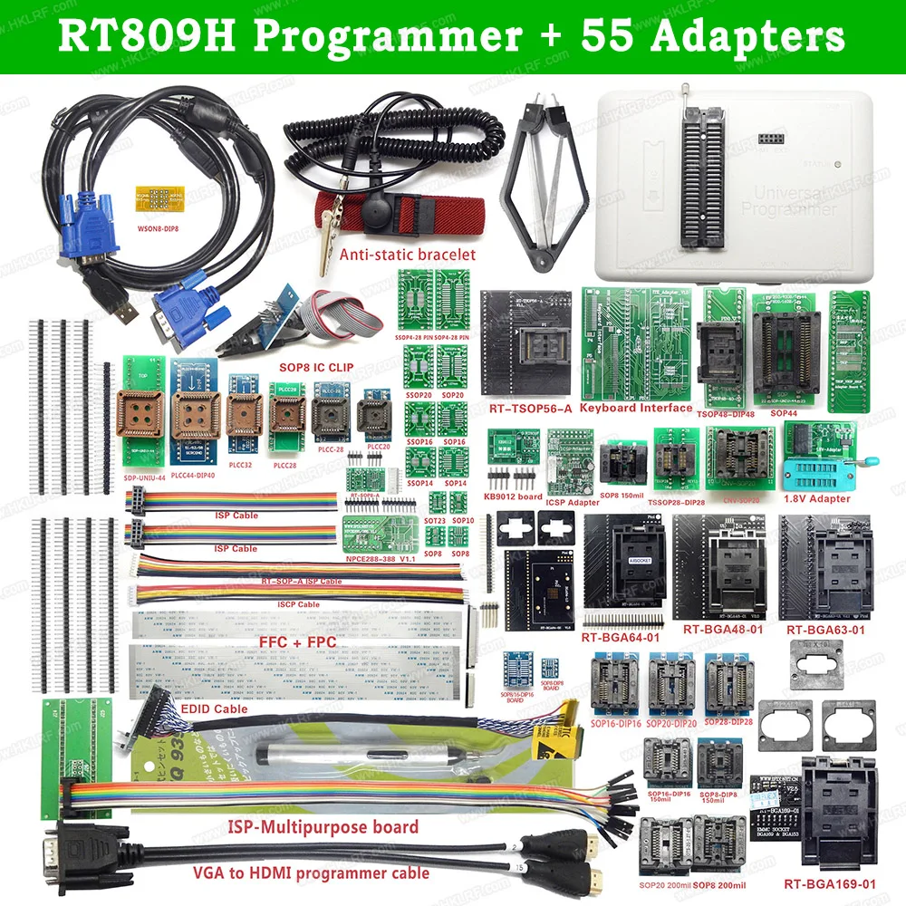

RT809H EMMC-NAND FLASH USB Programmer + 55 Items BGA48 BGA64 BGA169 TSOP56 SOP44-DIP44 All Adapters With EDID Cble + Sucking Pen