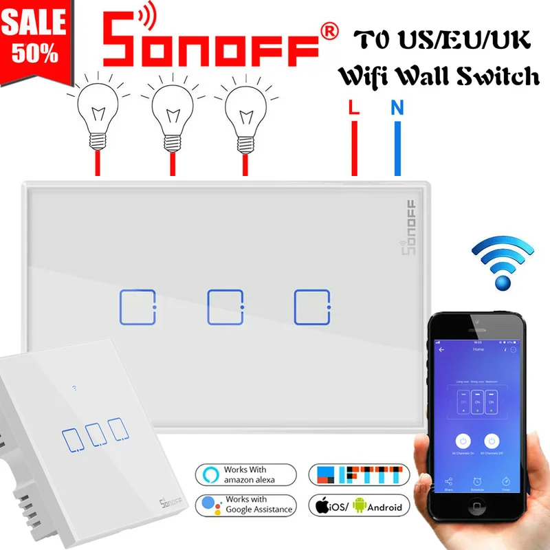 Интеллектуальный выключатель света SONOFF T0 TX США/ЕС/Великобритании партии 1/2/3 голоса/приложение/сенсорный экран Управление Wi-Fi Смарт настенный выключатель света базовый с таймером с Alexa Google Home
