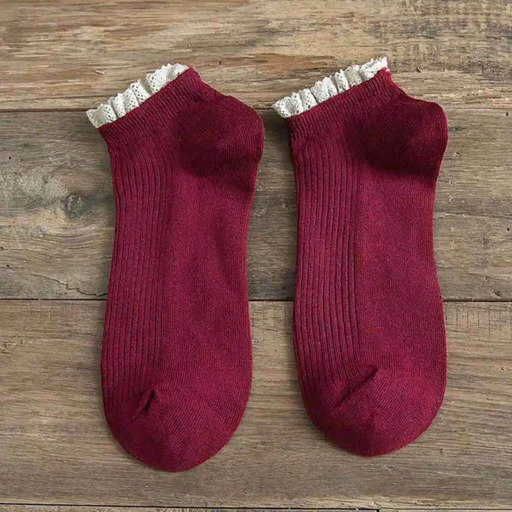 Бургундия 1 Pair Fashion Lace Ruffles Solid Soft Cotton Women Socks Summer Autumn Cute Socks Sweet Princess Girl Cozy Lovely Frilled Socks - Цвет: Бургундия