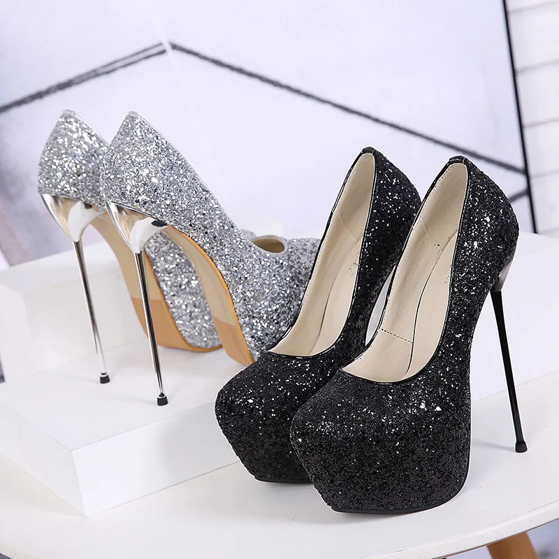 

New Shining Sequin High Heels 16cm Single Shoes Sexy Women Pumps Size 34-40