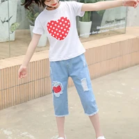 summer children girls clothing sets short sleeves heart printed t shirt and ripped jeans pants 2pcs suit kids fashion outfits