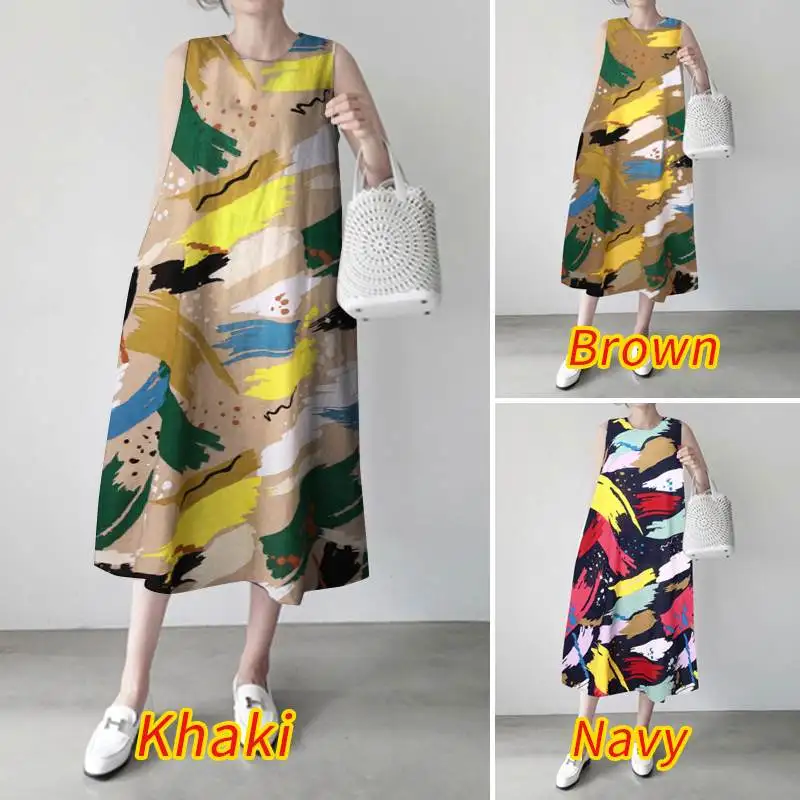 

2021 Kaftan Kimono Women Dress ZANZEA Summer Striped Midi Vestidos Casual Ladies Stylish Print Sleeveless Loose A-line Sundress1