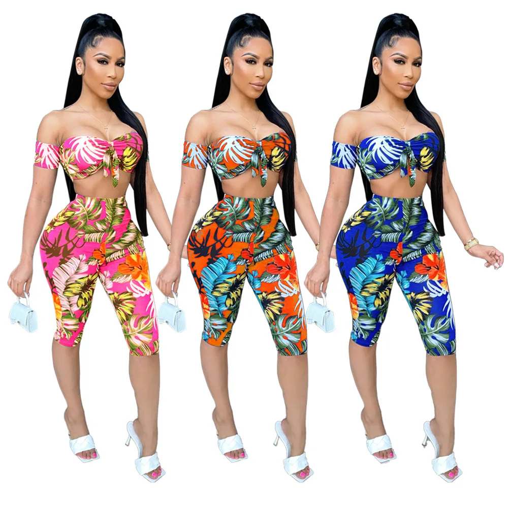 

2021 Women summer Sexy Print sports suit Sleeve tube top Cropped trouserss Two Piece set Casual holiday beach Party Outfits