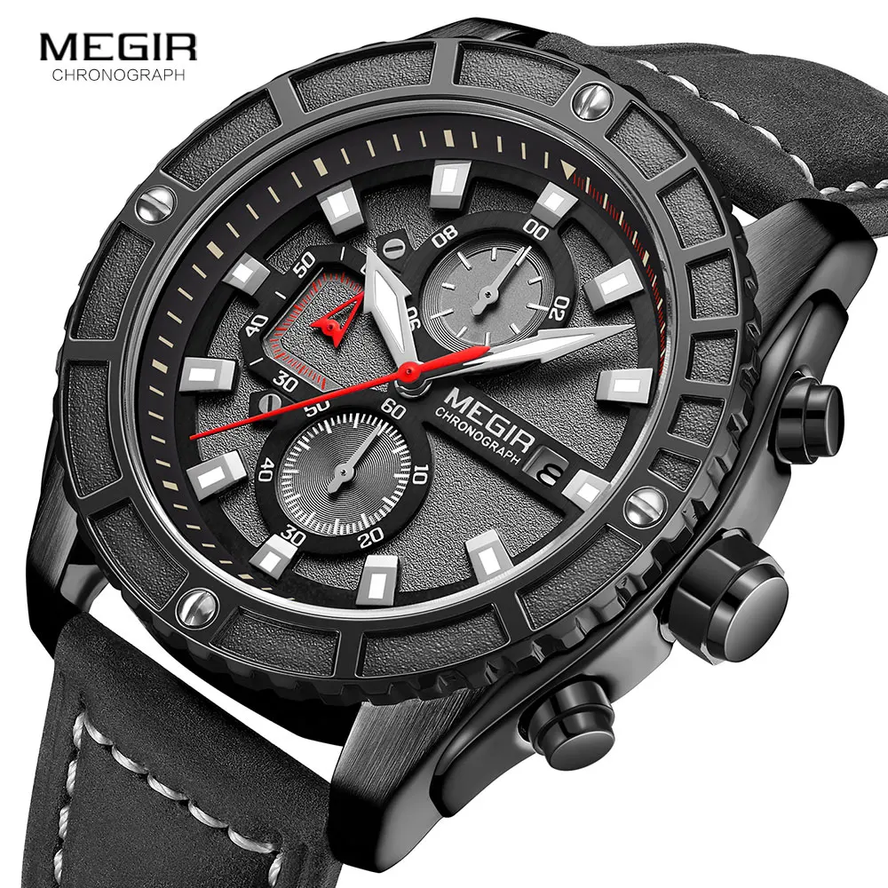 

MEGIR 2021 Quartz Watches for Men Fashion Luxury Chronograph Watch Man Luminous Waterproof Leather Wristwatch Relogio Reloj Час