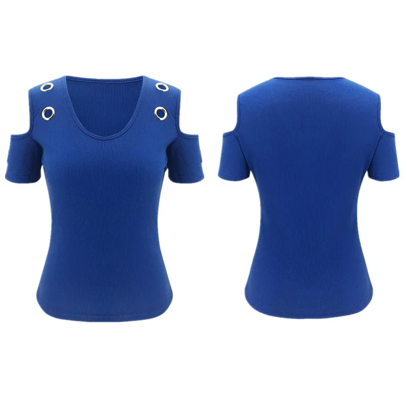 

Fashion Hollow Out Women T-Shirts 2020 Summer O-Neck Short Sleeve Slim Pullovers Tops Sexy Shoulders Solid Color Black T-Shirt