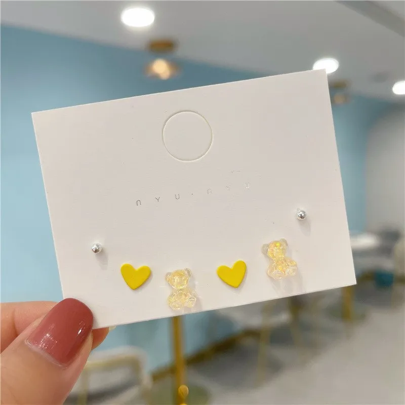 3 Pairs/Set Dreamy Cartoon Animal Purple Yellow Bear Love Heart Stud Earrings Set Lovely Girlish Style Fashion Jewelry Gifts | Украшения и