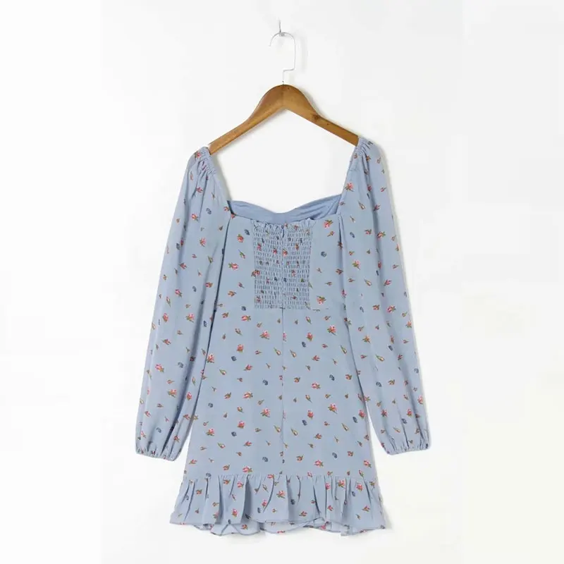

Summer Dress Women Print Bohemian Long Sleeve Square Collar Ruffle Tighten Waist Back Tightness French Vintage Ladies Dresses