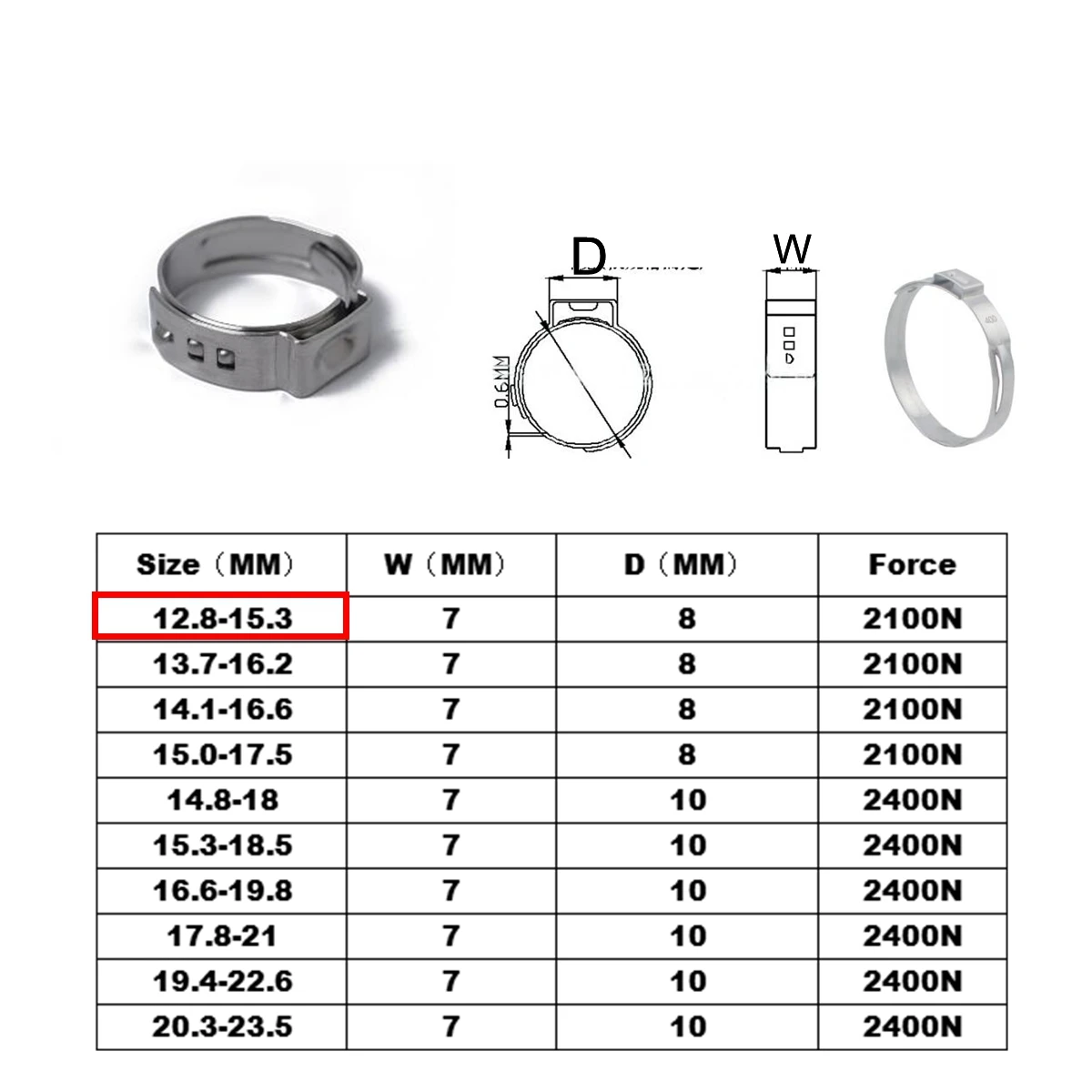 

10PCS 12.8-15.3mm Car Single Ear Plus Stainless Steel Hydraulic Hose Clamps O-Clips Pipe Fuel Air