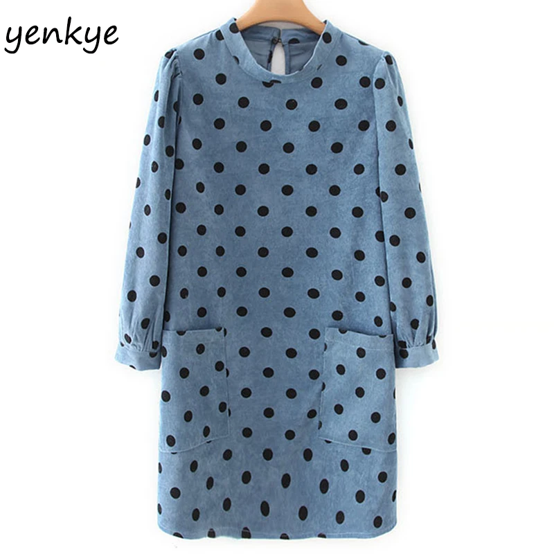 Женское винтажное вельветовое платье в горошек прямое мини с длинным рукавом