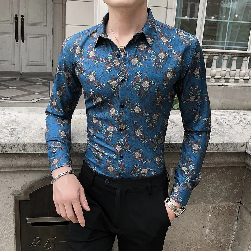 Рубашка мужская с цветочным принтом повседневная приталенная блузка длинным