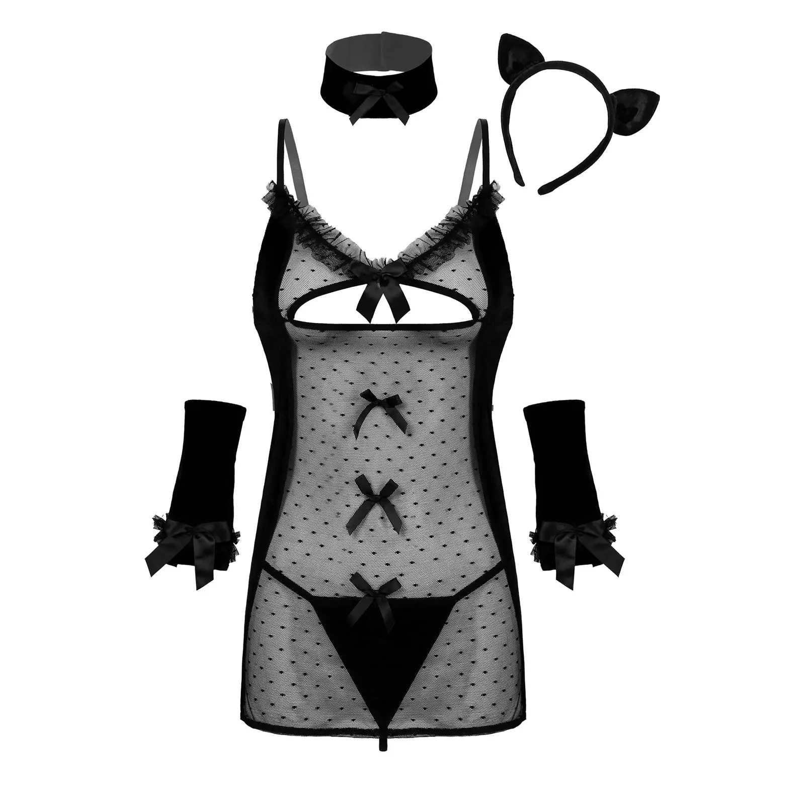 

See-through Mesh Dress with G-string Cat Ear Headband Neck Ring Cuffs Women Maid Cosplay Costumes Roleplay Dress Lingerie Sets