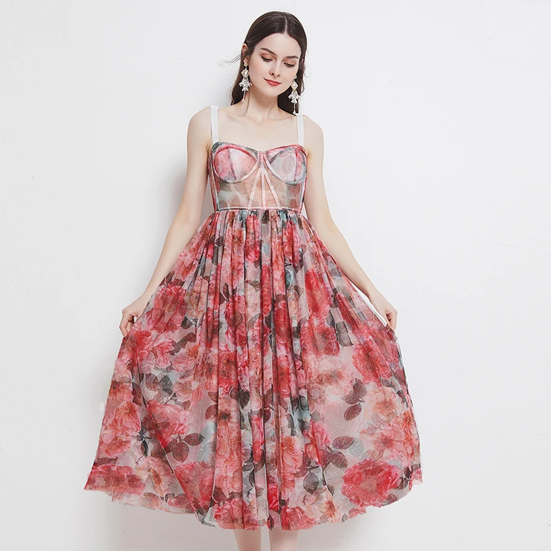 

Merchall Runway Fashion Floral A Line Party Dress 2021 Summer Sexy Spaghetti Strap Red Flower Print Elegant Long Beach Dress
