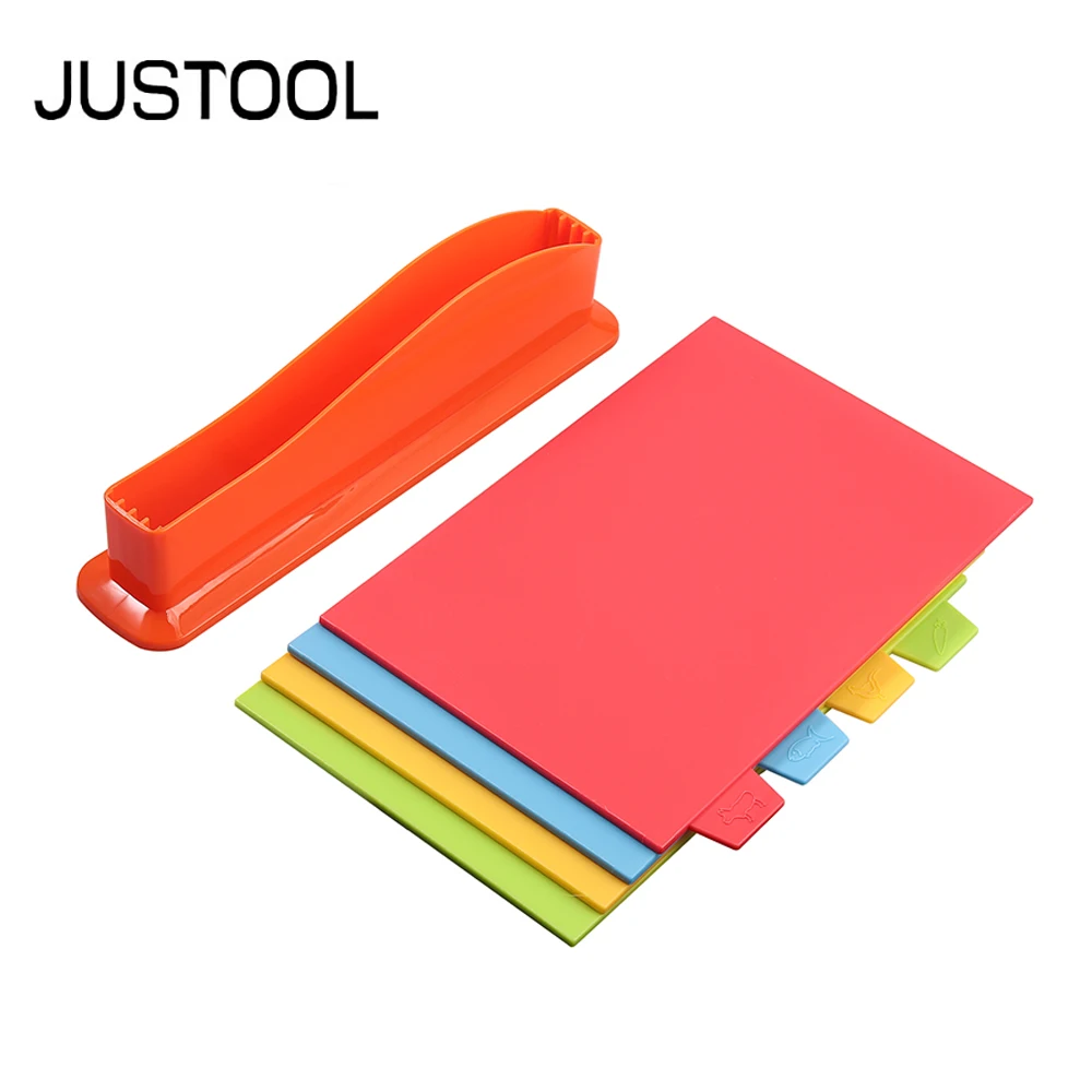 

JUSTOOL 4Pcs Double-sided Plastic Chopping Board High-grade Cutting Board Mats with Rack Save Space for Kitchen Cooking Tool Set