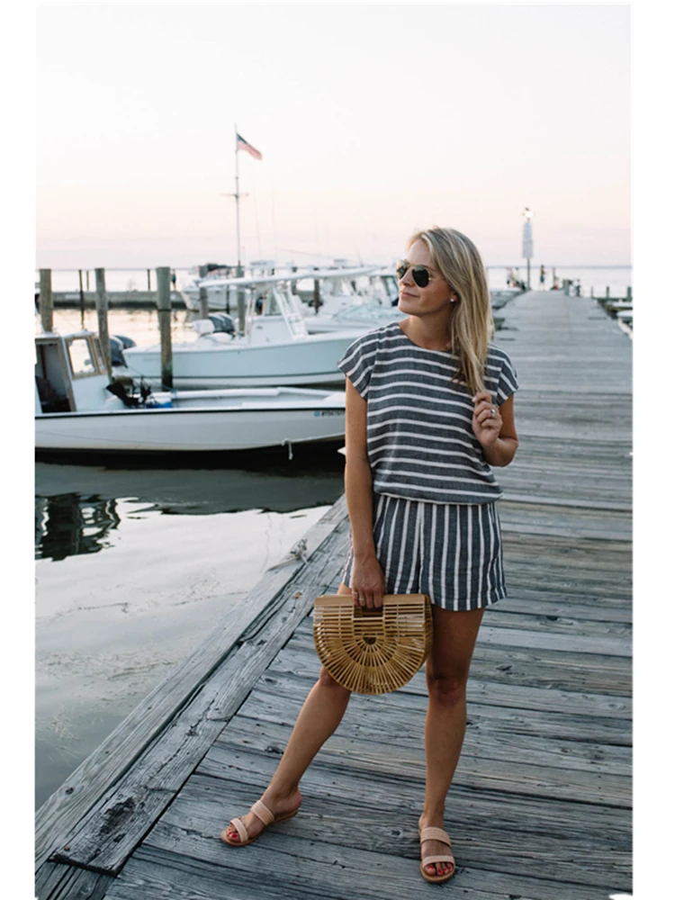 Женский Повседневный свободный костюм в полоску с коротким рукавом и открытой