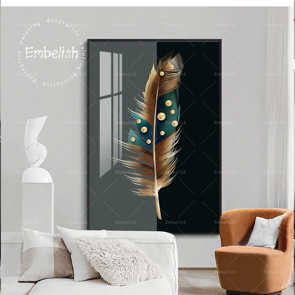 

Embelish Green And Golden Feathers HD Spray On Canvas Paintings Modern Home Decor Pictures For Living Room Wall Poster Office