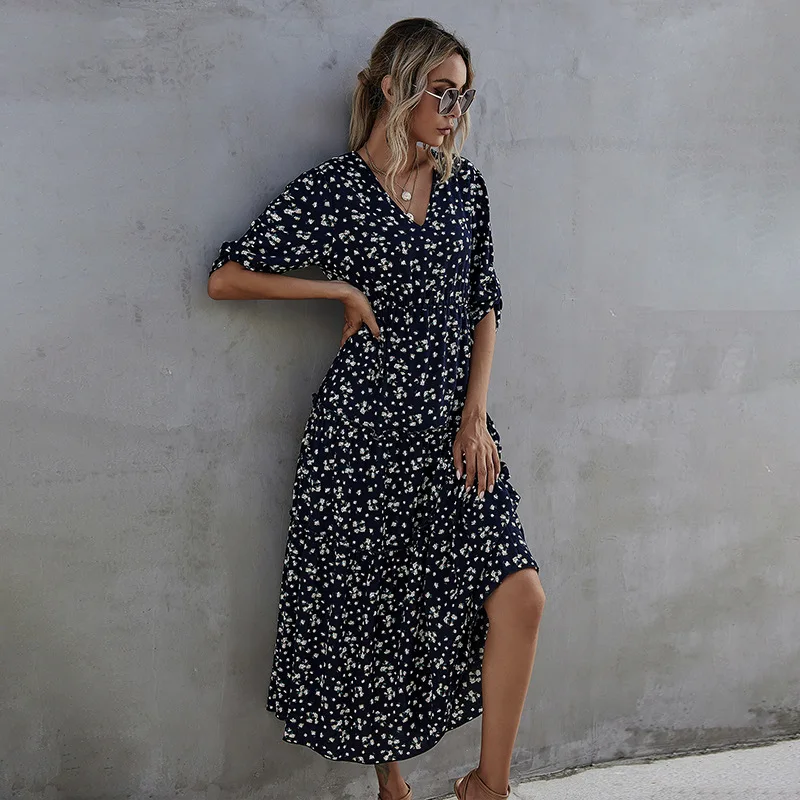 

Spring Summer Half Sleeve Print Long Dress For Women 2021 New Casual V Neck High Waist Slim Ladies Temperament Maxi Dresses