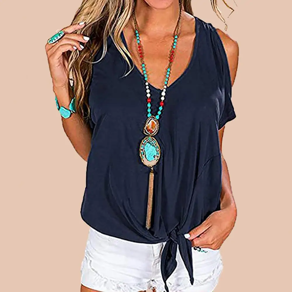 

Красивые топы, блузка с V-образным вырезом, свободная однотонная тонкая летняя футболка с открытыми плечами и короткими рукавами