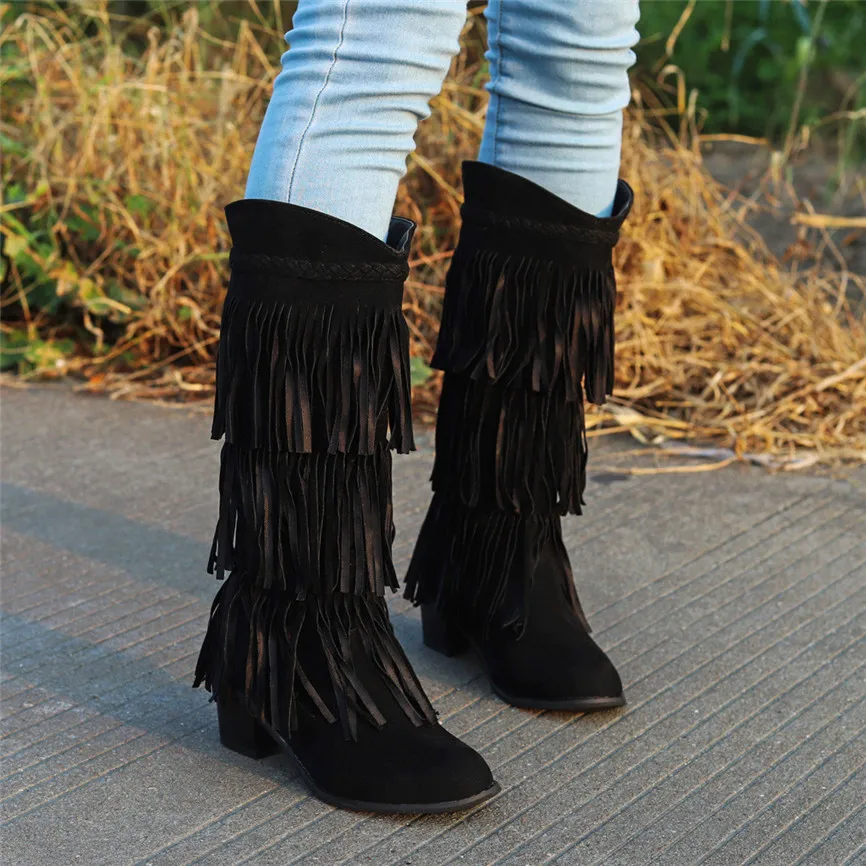 Женские повседневные полусапожки с бахромой в богемном стиле ботинки этническом