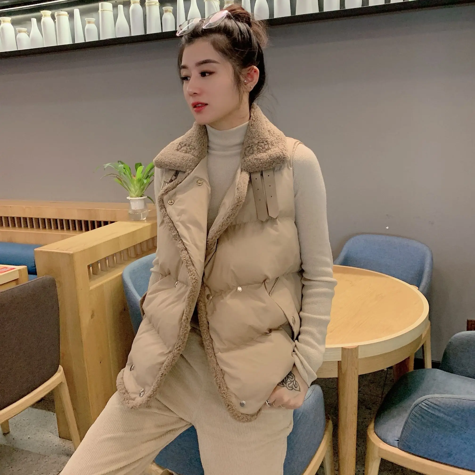 

Casual female lamb wool splicing short cotton vest loose sleeveless cotton jacket jacket